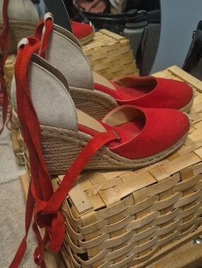 JustFab Red Canvas Espadrille Wedge Tie-Up Sandals